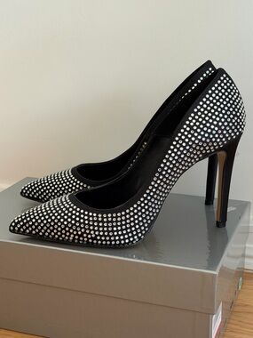 Divine Follie Black Satin Stiletto Heels Rhinestone Pumps Size 38 EU (7.5 US)